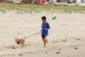An older boy running with a dog on a leash at a beach